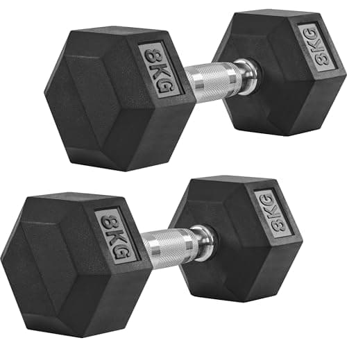 Image of Yaheetech Hex Dumbbells Set with Work Guide, 2x5kg/2x6kg/2x8kg/2x10kg Dumbbells Pair, Anti-Roll Knurled Grip Rubber Dumbbells for Home Gym & Strength Training ﻿