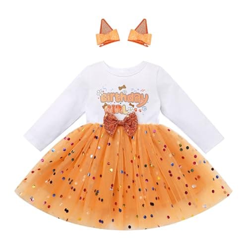 Image of FYMNSI Birthday Girl Dress for 1st 2nd 3rd 4th 5th Baby Toddler Kids One Two Three Four Five Years Old Party Long Sleeve Tulle Tutu Princess Dresses Cake Smash Photo Shoot Fall Orange 5-6 Years