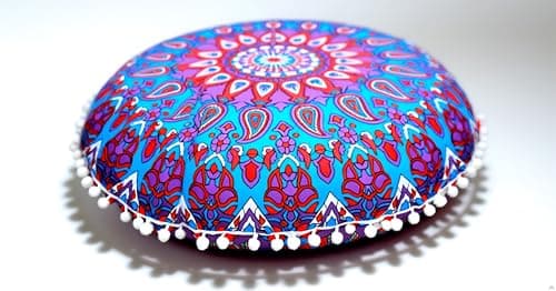 Image of Round Mandala Floor Pillow Cover Seating Cushion Throw Cover Hippie Decorative Bohemian Ottoman Pouf Cover, Pom Pom Pillow Cases,Boho Indian 22 Inches (Red Yellow) (Purple Blue)