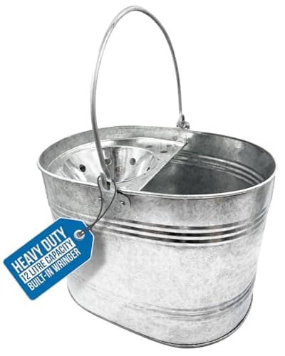 Image of Galvanised Metal Mop Bucket With Wringer – 12L Heavy Duty Mop Buckets Only Steel Cleaning Bucket with Built-In Strainer for Home Bathroom, Kitchen & Office
