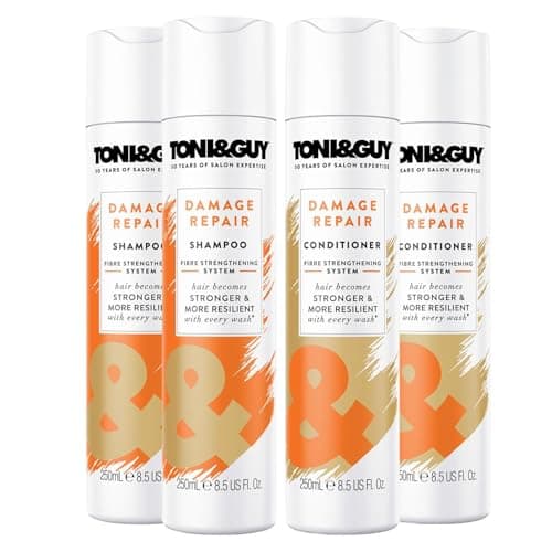 Image of Toni & Guy Damage Repair Shampoo and Conditioner Set Pack of 2, 250ml Each with Keratin Active Technology for Stronger, Healthier, Revitalised Hair - Nourishing Hair Care Duo for Damaged Hair