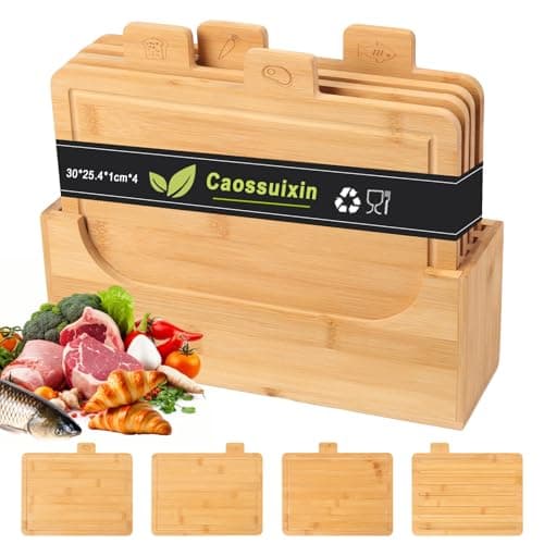 Image of Caossuixin 4-Piece Bamboo Chopping Board Set with Stand, Wooden Chopping Boards with Tag Classification- Chopping Meat, Vegetables, & Bread, Food Grade Boards for Cutting & Chopping, Kitchen Gift Set