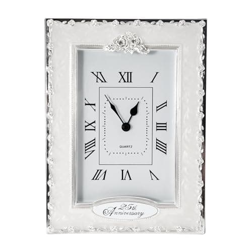 Image of Happy Homewares Traditional 25th Anniversary Clock in White Epoxy with Silver Plated Roses and Clear Diamante Crystals | Quartz Technology