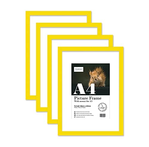 Image of Almost Frameless A4 Yellow Picture Frame Set of 4, Display A5 Pictures with Mount or A5 Without Mount Gallery Wall, Poster, Photo, Artwork, or Print, Yellow
