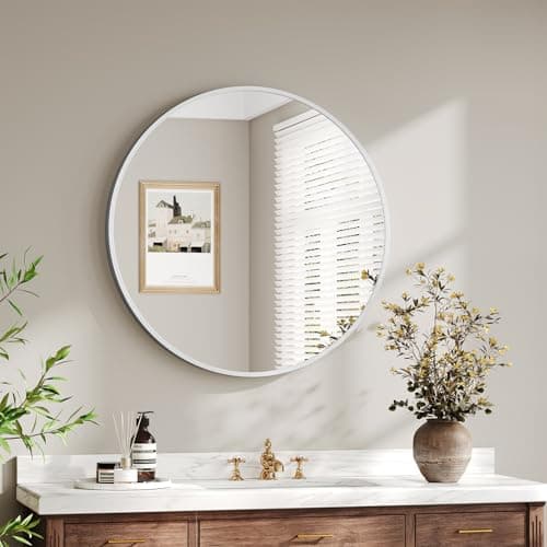Image of Dripex 50cm Round Mirror, Circle Hanging Wall Mirror - Home Decorative Wall Mounted Vanity Mirror for Bathroom, Dressing Room & Living Room, Silver