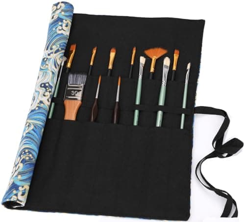 Image of Amoyie Paint Brush Holders Case with 12pcs Artist Brushes, Storage Bag and Painting Brushes Sets for Acrylic Watercolor Gouache Oil, Blue Black