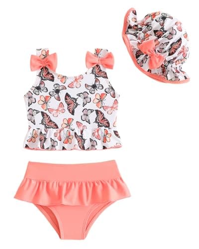 Image of Baby Girls' Tankini Swimsuit Set 9M-3T, 3-Piece Toddler Swimming Costume Rash Vest with Hat, Cute Infant Bikini Swimwear with Ruffle Bottoms, Pink Butterflies 2-3 Years