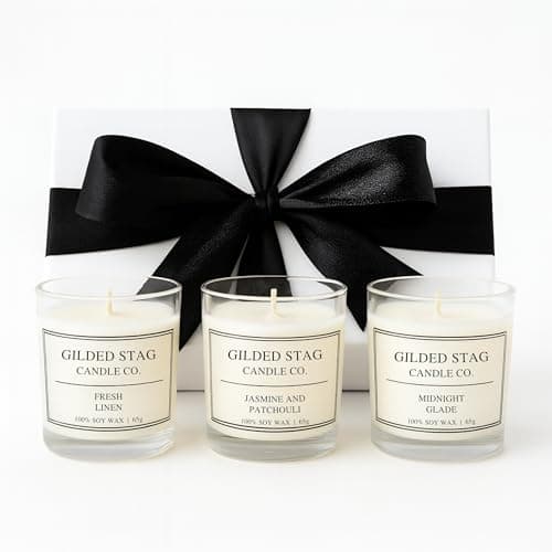 Image of Floral Scented Candle Gift Set by Gilded Stag Candle Co. – 3 × 65g (9cl) Fresh Linen, Midnight Glade, Jasmine & Patchouli – Luxury Gift Box, Vegan Soy Wax, Up to 15h Burn Per Candle