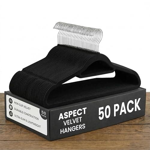 Image of Aspect Velvet Hangers, Pack of 50 Heavy Duty Velvet Clothes Hangers, Non-Slip Coat Hangers with Tie Bar & 360° Swivel Hook, Slim Space-Saving Wardrobe Hangers For Suits, Shirts & Dresses (Black)