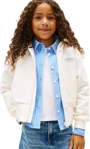 Image of Tommy Hilfiger Girl's EMB HIGH RIB HEM ZIP THRU KG0KG08988 Zip Through Hoodie, WHITE (Ancient White), 8 Years