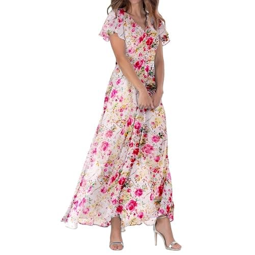 Image of Summer Dress Women's Swing Long Dress Chiffon Floral Pattern Short Sleeve Ruffle V-Neck Fashionable Waist Flowing Dress Dresses, pink, S