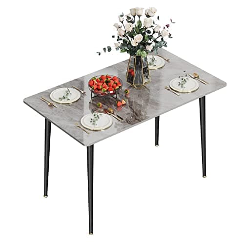 Image of FATIVO Kitchen Dining Table Marble Tabletop: Rectangular 120cm Modern Sintered Stone Grey Pattern Marble Top Dinner Tables 4 Seater with Tapered Metal Legs Dining Room Home Lounge
