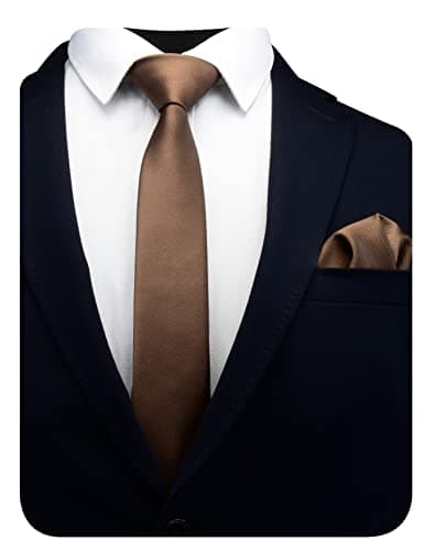 Image of Gusleson Dark Brown Skinny Tie Solid Ties for Men Thin Slim Necktie and Pocket Square Set (UK0754-31)