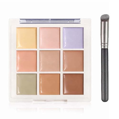 Image of Full Coverage Concealer Palette - 9 Creamy Shades for Dark Circles, Acne & Skin Tone Correction, Makeup Foundation Palette with Brush for Face Contouring, Blending