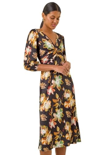 Image of Roman Fit and Flare Dress for Women Ladies Chest Twist Knot Ruched Tea Skater Empire Waist Wedding Guest Smart Casual Swing Midi 3/4 Long Sleeve Knee Length - Amber - Size 14