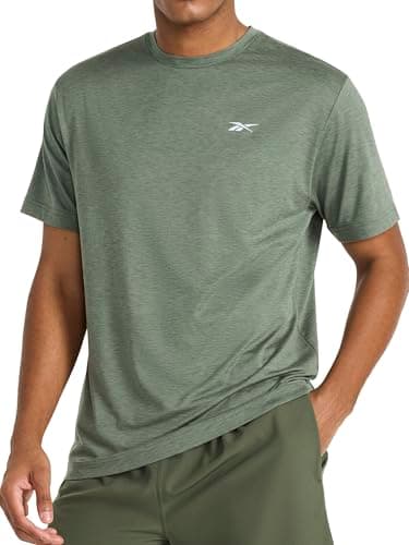 Image of Reebok Mens Strike Short Sleeve Crewneck T-Shirt, Standard Fit, Lightweight Stretch Poly Jersey Fabric, Duck Green Heather, Large