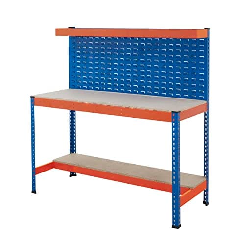 Image of BiGDUG Louvre Panel Workstation - 400kg Worktop Load Capacity - 155.6h x 183w x 76d cm Workstation - Half Depth Lower Shelf - Powder Coated Blue & High Visibility Orange Steel Frame