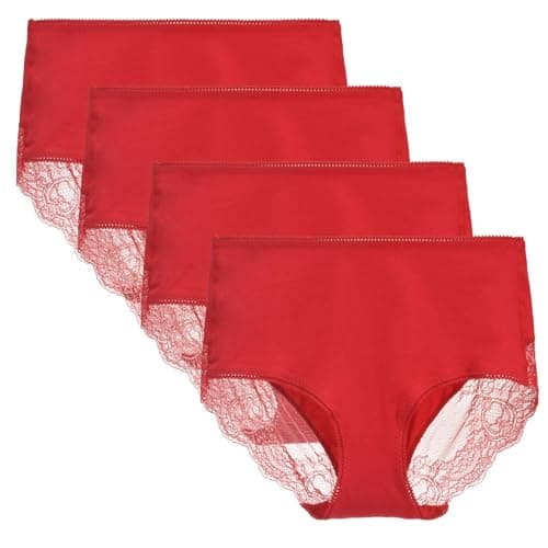 Image of LIQQY Women's High Waisted Comfort Cotton Lace Coverage Full Rise Briefs Knickers Underwear 3 or 4 Pack (Red, Medium)