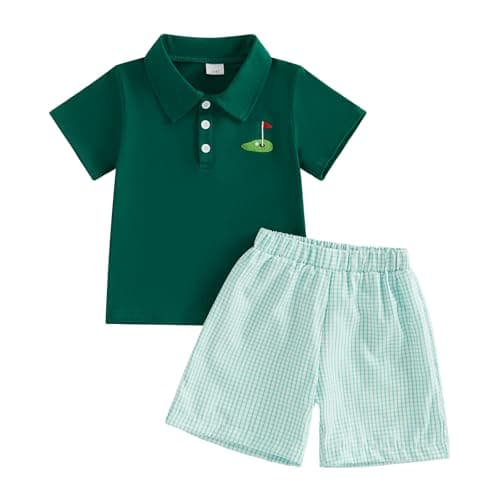 Image of Ardougudougu Toddler Baby Boy Summer Golf Outfit Short Sleeve Embroidery Golf Polo T-Shirt Shorts Hole in One Golf Birthday Clothes (Green, 4-5T)