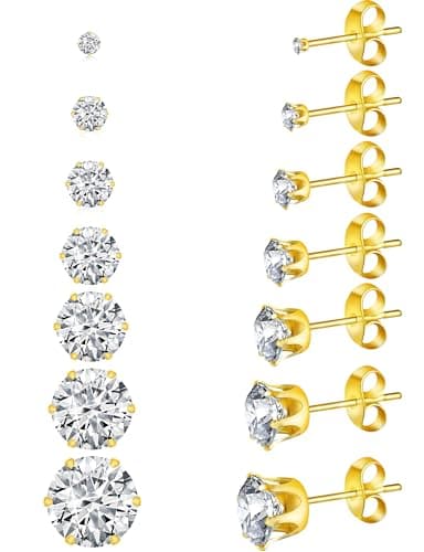 Image of Yiorxu Stud Earrings for Women,7Pairs Gold Silver Earrings for Women,5A+CZ Surgical Steel Earrings Sets with Anti-Oxidation Elastic Gifts Packing Box for Women Men Girls(gold)