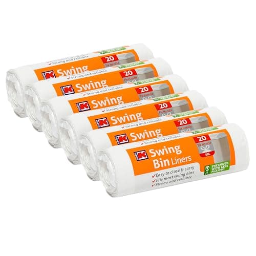 Image of Kordis Strong Tie Handle Swing Bin Bag Liners - 6 Rolls x 20 Bags. 50L White 45% Recycled Plastic Bin Bags For Kitchen Bins & Large Indoor Trash Bin. 120 Heavy Duty, Unscented Garbage Bags - 60 x 90cm