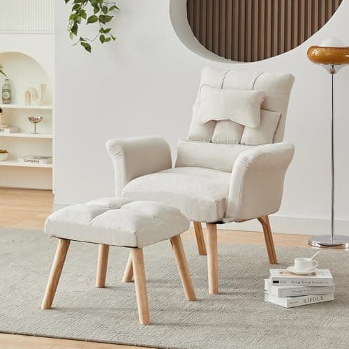 Image of TUKAILAi Recliner Armchair with Footstool, Occasional Linen Tub Chair with 6-Position Adjustable Backrest and Headrest,Wooden Legs, Upholstered Accent Chair for Living Room Bedroom Office