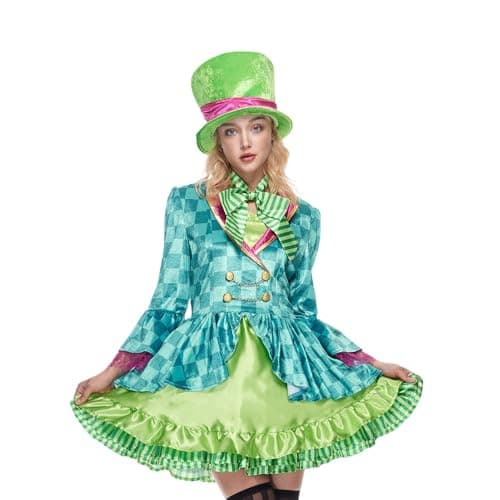 Image of EraSpooky Adult Women Hatter Costume Mad Tea Party Halloween Cosplay with Bowtie Top Hat