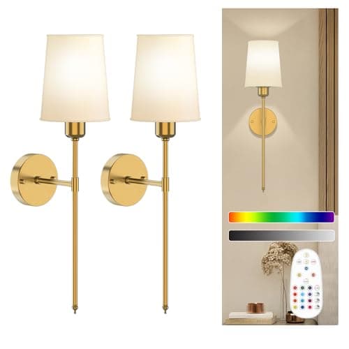 Image of onffo Battery Operated Wall Sconce, Gold Rechargeable Wall Lights with 5200mAh Dimmable Bulbs and Remote, 12 Colors Wireless Wall Lamps for Bedroom Living Room Hallway Decor (24inch)