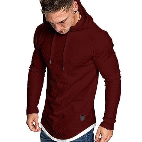 Image of Remxi Men's Long Sleeve Pullover Hoodie Tops Sportwear Muscle Hoodie T-Shirts Solid Color Sweatshirt For Men SolidRed L