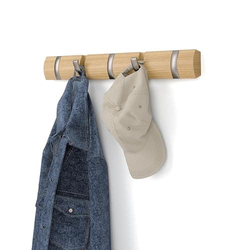 Image of Umbra Flip Wall-Mounted Coat Rack with 5 Hooks – Modern, Space-Saving Storage for Hats, Jackets, Bags, Entryway, Mudroom, Closet, Bathroom, Bedroom – Natural/Nickel