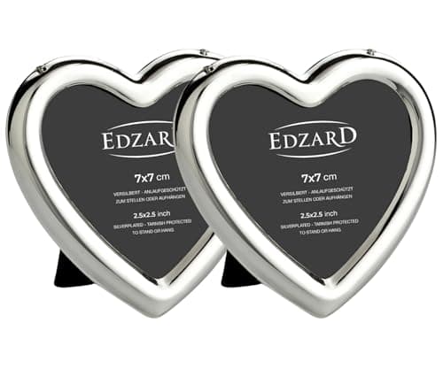 Image of EDZARD Set of 2 mini Picture Frames Heart for Photo 7 x 7 cm, Noble Silver-Plated, Tarnish-Proof, with Velvet Back, Photo Frame for Standing