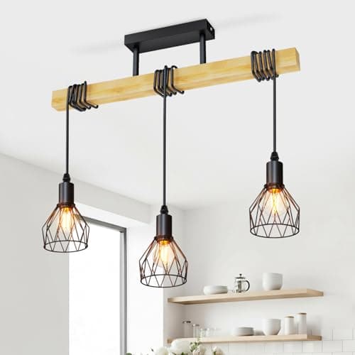 Image of LVWIT Black Pendant Lighting,Vintage Hanging Lights,Wood Ceiling Light Fitting,3 Way Kitchen Light Ceiling,Drop Lights Ceiling,Industrial Ceiling lamp for Lving and Dining Room(E14 Base,NO Bulbs)