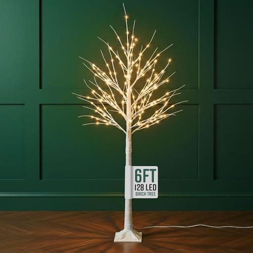 Image of GloBrite 6ft Pre-Lit Twig Christmas Tree with 128 Warm White LEDs - White Birch Design, Bendable Branches, Indoor & Outdoor Christmas Decorations