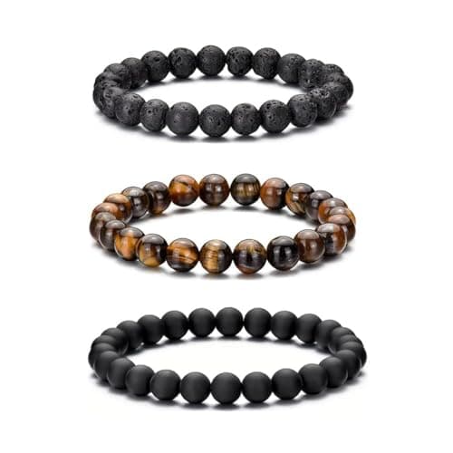 Image of RANKEEF Tiger Eye Bracelet For Men 8MM Natural Stone Beads Bracelet Set Stretch Lava Rock Bracelets Adjustable Black Crystal Beaded Bracelet for Men Women Gifts
