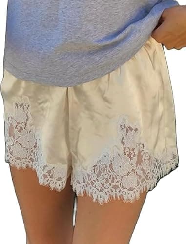 Image of Yoisdtxc Satin Shorts for Women Low Rise Lace Trim Patchwork Silk Slip Micro Shorts Lounge Pettipants Pajamas (Pj) Bottoms (Champagne, XL)