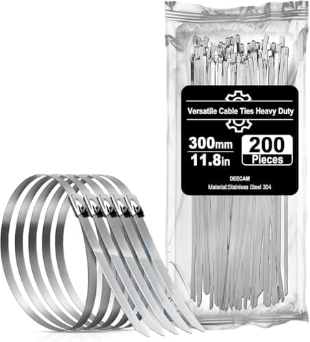 Image of 200 Pack Stainless Steel Cable Ties, Deecam 4.6×300mm Metal Cable Tie, 304 Stainless Zip Ties with Steel Ball Stopper, Suitable for Exhaust Wrapping, Binding Tie, Garden Repair and Fixed Fence