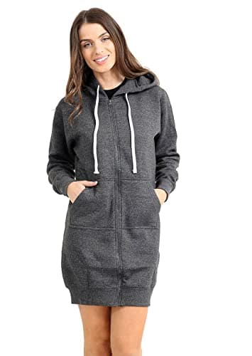 Image of WOOD QUAIL WOMEN LADIES GIRLS LONG HOODIE ZIPPER FLEECE WARM JACKET STYLISH WITH POCKET SWEATSHIRT CASUAL JUMPER TOP DRESSES S-3XL (S-M 8-10, LONG HOODIE CHARCOAL)