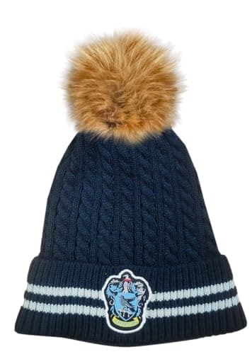 Image of Licensed Unisex Harry Potter Ravenclaw Cable Knit ski hat Beanie with Detachable Pom Pom, Suitable for Adults and Teens. Navy