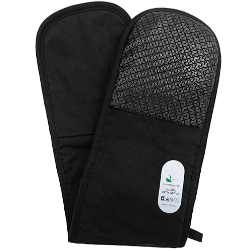Image of Double Oven Gloves Heat Resistant Silicone Grip – Extra Long Black Oven Mitts for Baking, Cooking & BBQ – Thick Quilted Cotton Pot Holders – Machine Washable Kitchen Accessories