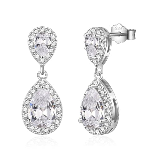 Image of VYYU Silver Drop Earrings - Sterling Silver Dainty Diamond Dangle Earrings, Hypoallergenic Teardrop Earrings for Women - Jewellery Gift for Christmas, Birthday, Bridesmaid, Wedding, White
