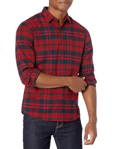 Image of Amazon Essentials Men's Slim-Fit Long-Sleeved Button-Down Plaid Flannel Shirt, Navy Red Plaid, M