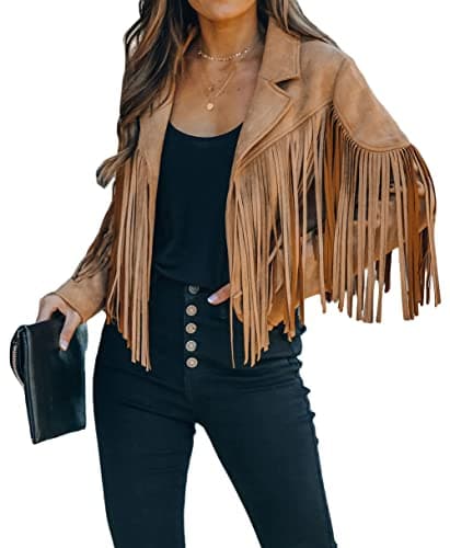 Image of loveimgs Women Faux Suede Fringe Jacket Western Tassel Cropped Jacket Biker Motorcycle Leather Jacket, Camel, Large