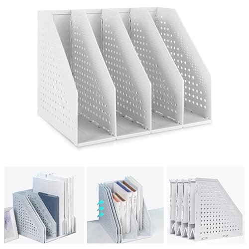Image of Marte Vanci Collapsible Magazine File Holder Desktop Book Organiser Lever Arch File Storage Folder Document Rack Divider Adjustable for Office School Desk Shelves 4 Compartment (Light Grey)