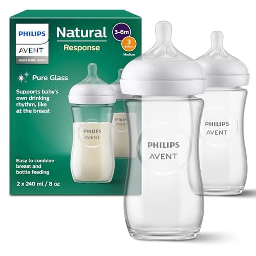 Image of Philips Avent Natural Response Glass Baby Bottles 8oz/240 ml with Medium Flow Teats (Flow 3), 2 Pack, SCY933/02