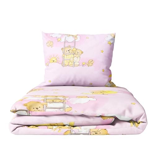 Image of Baby Comfort 2-Piece Toddler Duvet & Pillow Set - 120x90 cm - 100% Cotton Breathable Fabric - Machine Washable Quilted Bedding for Cot Bed 12M+ (Ladders Pink)