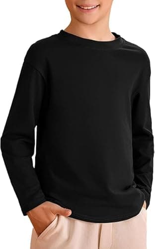 Image of Haloumoning Boys' T-Shirt Kids Long Sleeve Crew Neck Plain Basic Shirt Leisure Sports Tees Tops 5-14 Years, Black, 11-12 Years
