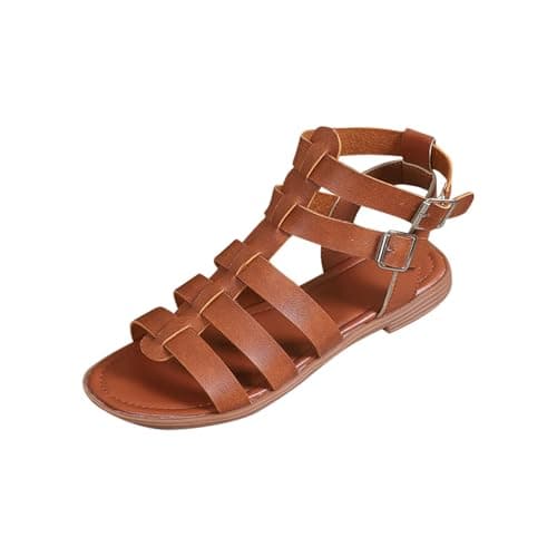 Image of Womens Gladiator Sandals UK Sale Clearance Hiking Sandal Summer Walking Sandal Double Foot Straps Buckle Sling Back Sliders Roman Shoes Beach Flat Slippers Comfortable Dressy Casual Footwear