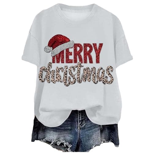Image of Christmas T Shirt for Womens Funny Festive Printed Blouse Loose Fit Comfortable Xmas Pullover Ladies Short Sleeve Tshirts Christmas Crew Neck Casual Sweatshirts Basic Xmas Printed Tee (White-BA, XL)