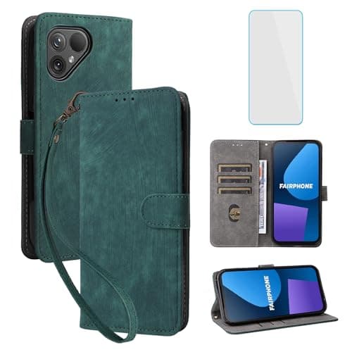 Image of IUQXU for Fairphone 5 5G Phone Wallet Case with Screen Protector [RFID Blocking] Leather Flip Card Slot Kickstand Women Men Mobile Phone Case for Fair phone 5 Fairphone5 Green