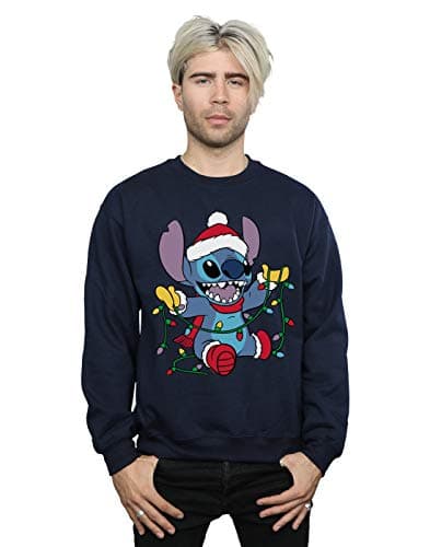 Image of Disney Men's Lilo And Stitch Christmas Lights Sweatshirt Navy Blue Large